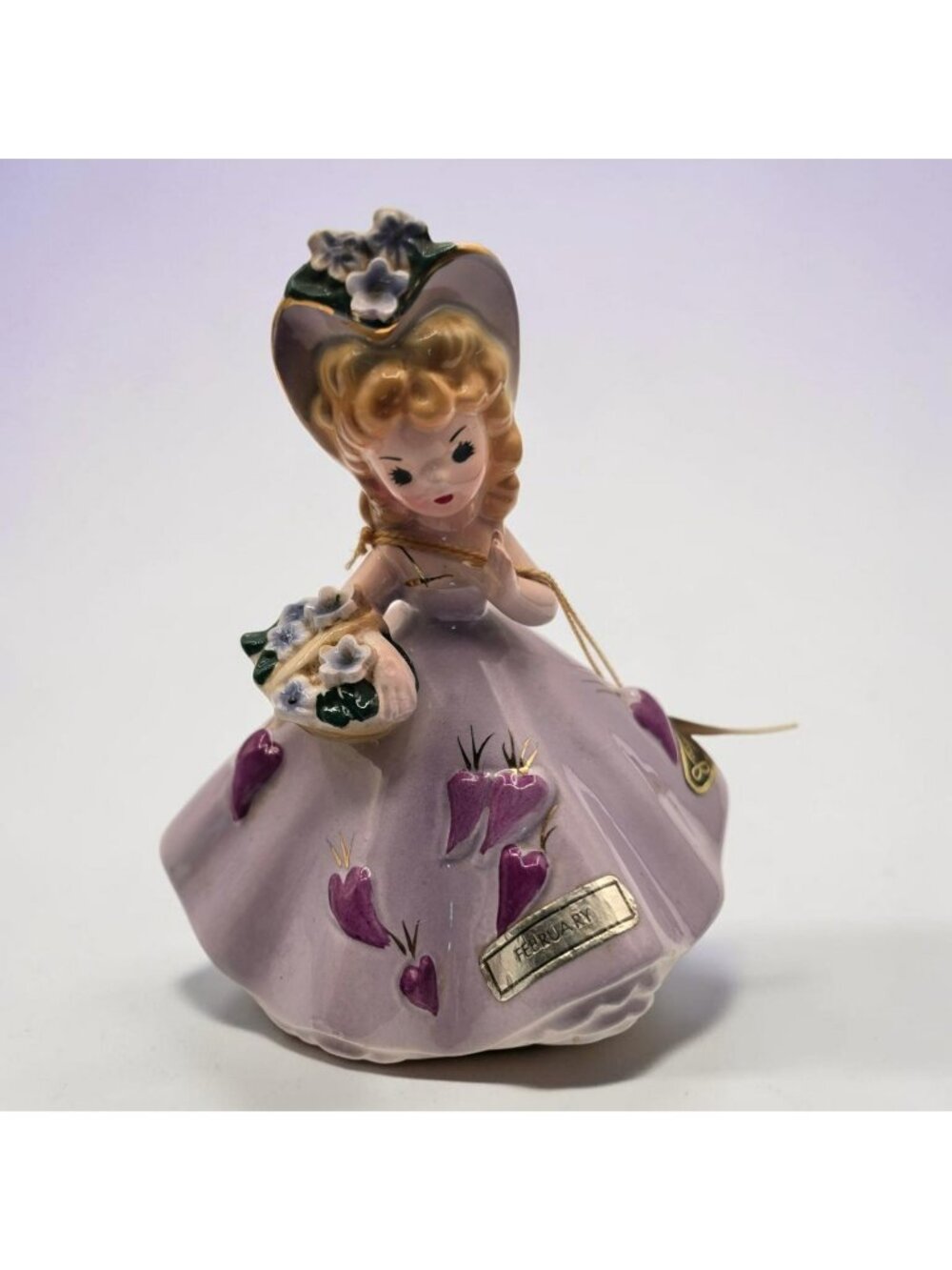 Josef Originals February Girl Figurine Violets & Gold Accents Vintage Ceramic